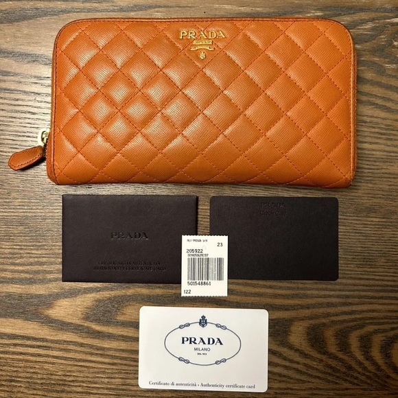PRADA Saffiano Quilts- Quilted Leather Zippy Wallet- Papaya- Authentic 1M0506 - Picture 1 of 6